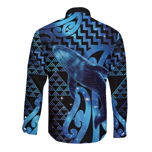 Humpback Whale Matariki New Zealand Long Sleeve Button Shirt NZ Maori Paikea Poutama Luxury Blue