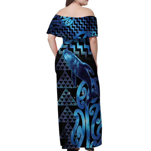 Humpback Whale Matariki New Zealand Off Shoulder Maxi Dress NZ Maori Paikea Poutama Luxury Blue