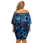 Humpback Whale Matariki New Zealand Off Shoulder Short Dress NZ Maori Paikea Poutama Luxury Blue
