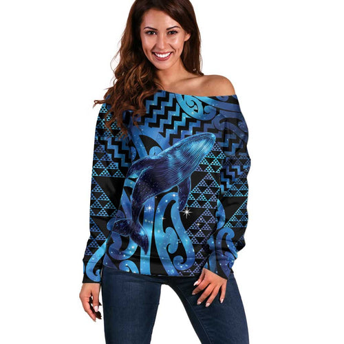 Humpback Whale Matariki New Zealand Off Shoulder Sweater NZ Maori Paikea Poutama Luxury Blue