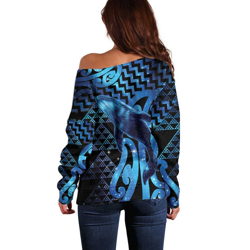 Humpback Whale Matariki New Zealand Off Shoulder Sweater NZ Maori Paikea Poutama Luxury Blue