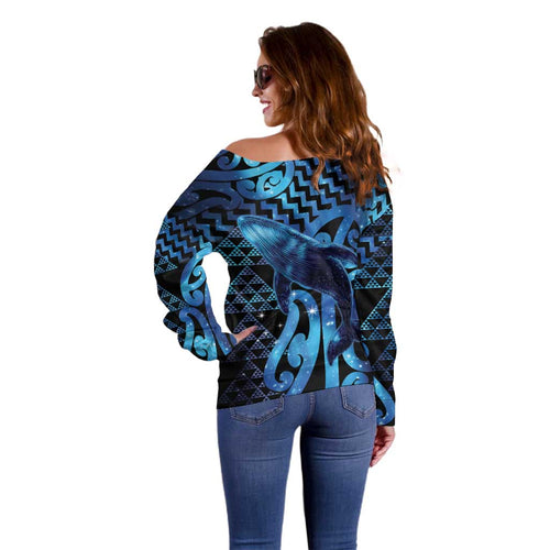 Humpback Whale Matariki New Zealand Off Shoulder Sweater NZ Maori Paikea Poutama Luxury Blue