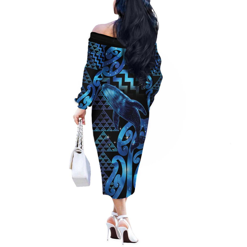 Humpback Whale Matariki New Zealand Off The Shoulder Long Sleeve Dress NZ Maori Paikea Poutama Luxury Blue