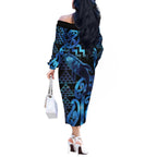 Humpback Whale Matariki New Zealand Off The Shoulder Long Sleeve Dress NZ Maori Paikea Poutama Luxury Blue