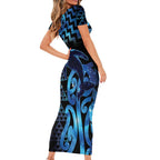 Humpback Whale Matariki New Zealand Short Sleeve Bodycon Dress NZ Maori Paikea Poutama Luxury Blue