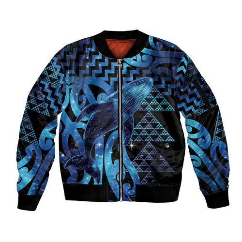 Humpback Whale Matariki New Zealand Sleeve Zip Bomber Jacket NZ Maori Paikea Poutama Luxury Blue
