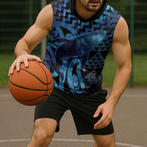Humpback Whale Matariki New Zealand Sleeveless Hoodie NZ Maori Paikea Poutama Luxury Blue