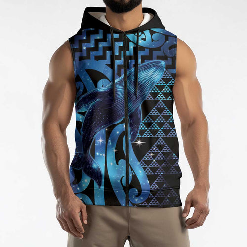 Humpback Whale Matariki New Zealand Sleeveless Zip Hoodie NZ Maori Paikea Poutama Luxury Blue