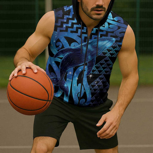 Humpback Whale Matariki New Zealand Sleeveless Zip Hoodie NZ Maori Paikea Poutama Luxury Blue