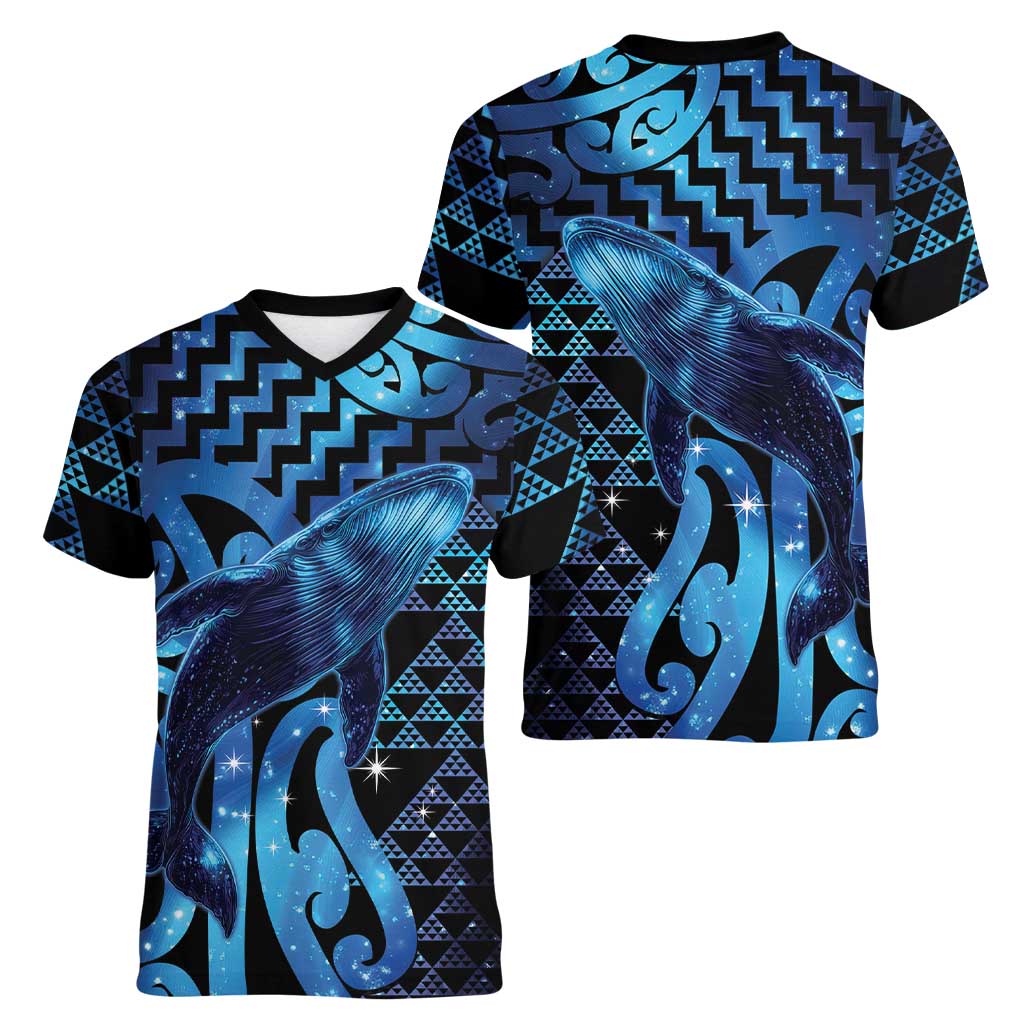 Humpback Whale Matariki New Zealand Women V-Neck T-Shirt NZ Maori Paikea Poutama Luxury Blue