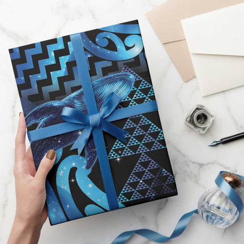 Humpback Whale Matariki New Zealand Wrapping Paper NZ Maori Paikea Poutama Luxury Blue