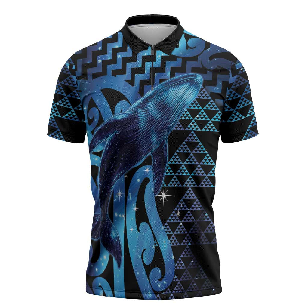 Humpback Whale Matariki New Zealand Zipper Polo Shirt NZ Maori Paikea Poutama Luxury Blue