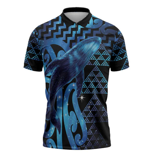 Humpback Whale Matariki New Zealand Zipper Polo Shirt NZ Maori Paikea Poutama Luxury Blue