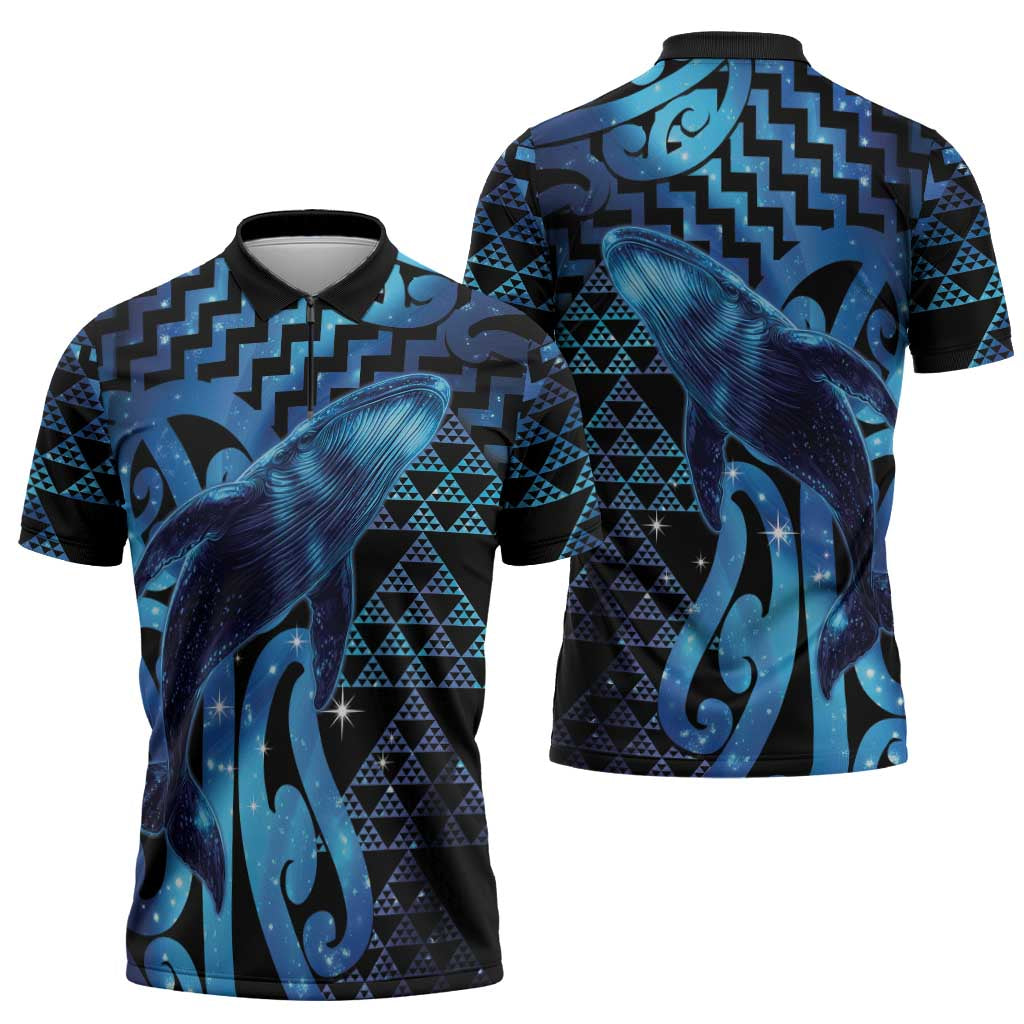 Humpback Whale Matariki New Zealand Zipper Polo Shirt NZ Maori Paikea Poutama Luxury Blue