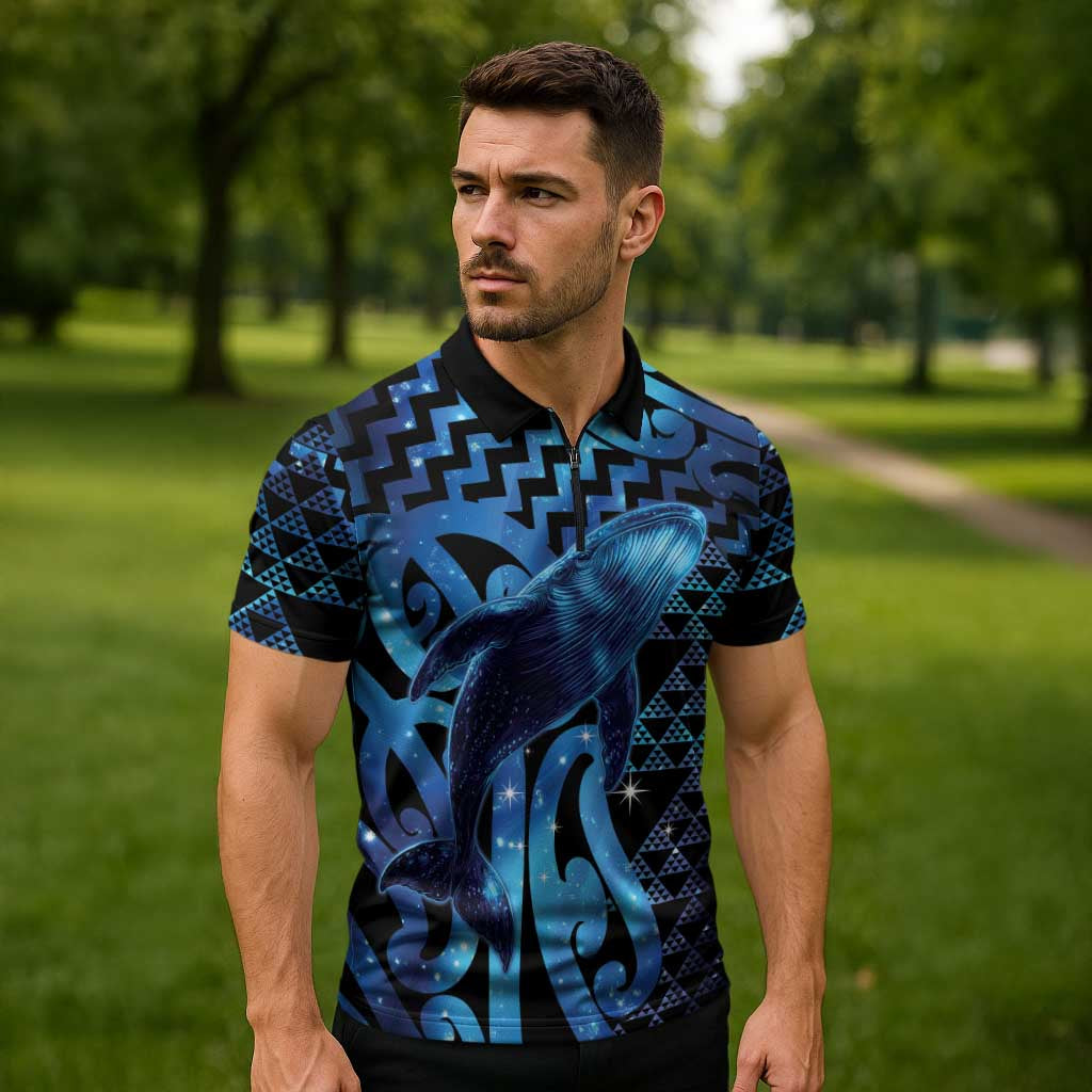 Humpback Whale Matariki New Zealand Zipper Polo Shirt NZ Maori Paikea Poutama Luxury Blue