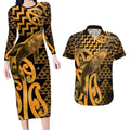 Humpback Whale Matariki New Zealand Couples Matching Long Sleeve Bodycon Dress and Hawaiian Shirt NZ Maori Paikea Poutama Luxury Gold