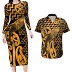 Humpback Whale Matariki New Zealand Couples Matching Long Sleeve Bodycon Dress and Hawaiian Shirt NZ Maori Paikea Poutama Luxury Gold