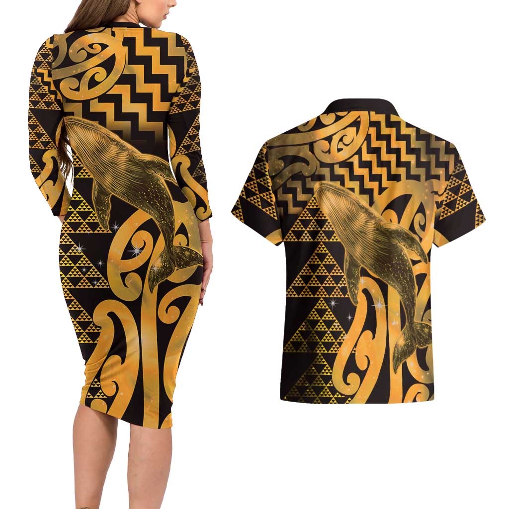 Humpback Whale Matariki New Zealand Couples Matching Long Sleeve Bodycon Dress and Hawaiian Shirt NZ Maori Paikea Poutama Luxury Gold