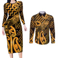 Humpback Whale Matariki New Zealand Couples Matching Long Sleeve Bodycon Dress and Long Sleeve Button Shirt NZ Maori Paikea Poutama Luxury Gold
