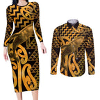 Humpback Whale Matariki New Zealand Couples Matching Long Sleeve Bodycon Dress and Long Sleeve Button Shirt NZ Maori Paikea Poutama Luxury Gold