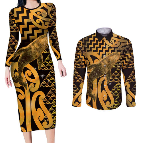 Humpback Whale Matariki New Zealand Couples Matching Long Sleeve Bodycon Dress and Long Sleeve Button Shirt NZ Maori Paikea Poutama Luxury Gold