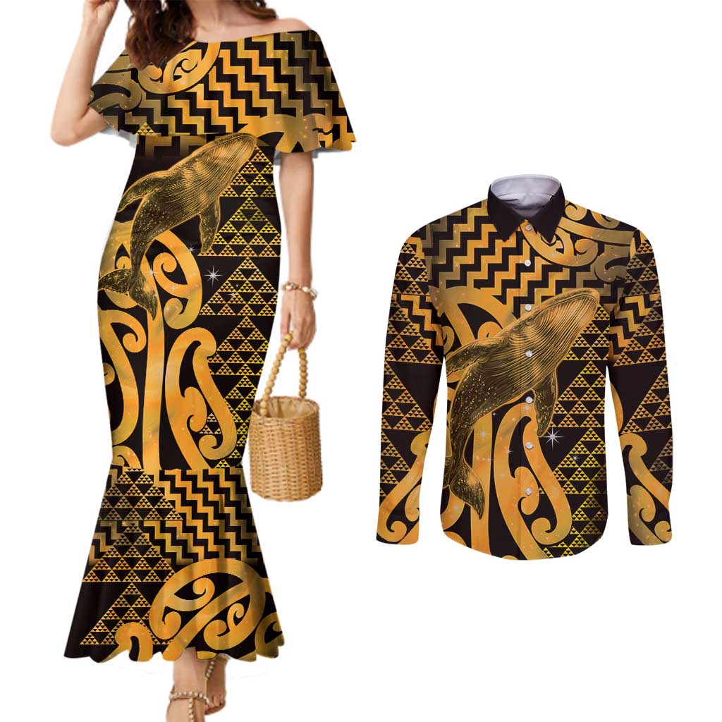 Humpback Whale Matariki New Zealand Couples Matching Mermaid Dress and Long Sleeve Button Shirt NZ Maori Paikea Poutama Luxury Gold