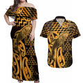 Humpback Whale Matariki New Zealand Couples Matching Off Shoulder Maxi Dress and Hawaiian Shirt NZ Maori Paikea Poutama Luxury Gold