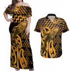 Humpback Whale Matariki New Zealand Couples Matching Off Shoulder Maxi Dress and Hawaiian Shirt NZ Maori Paikea Poutama Luxury Gold