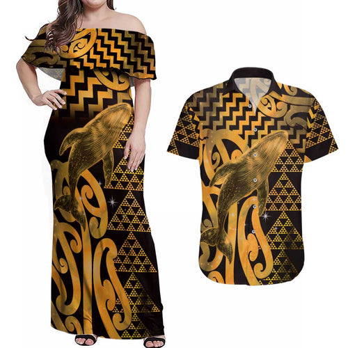 Humpback Whale Matariki New Zealand Couples Matching Off Shoulder Maxi Dress and Hawaiian Shirt NZ Maori Paikea Poutama Luxury Gold
