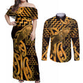 Humpback Whale Matariki New Zealand Couples Matching Off Shoulder Maxi Dress and Long Sleeve Button Shirt NZ Maori Paikea Poutama Luxury Gold