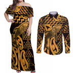 Humpback Whale Matariki New Zealand Couples Matching Off Shoulder Maxi Dress and Long Sleeve Button Shirt NZ Maori Paikea Poutama Luxury Gold