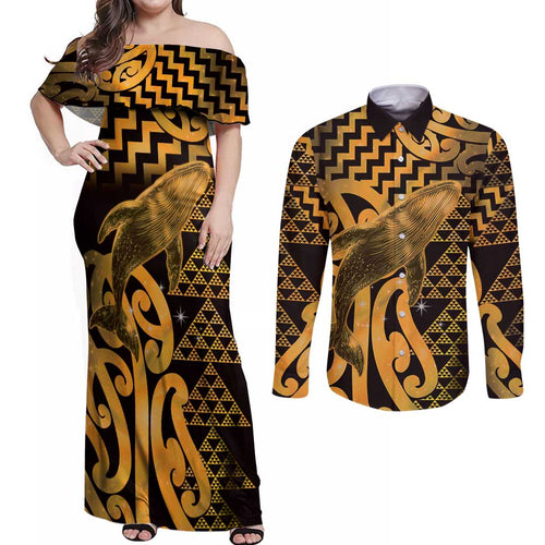 Humpback Whale Matariki New Zealand Couples Matching Off Shoulder Maxi Dress and Long Sleeve Button Shirt NZ Maori Paikea Poutama Luxury Gold