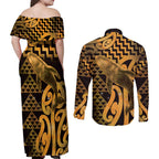 Humpback Whale Matariki New Zealand Couples Matching Off Shoulder Maxi Dress and Long Sleeve Button Shirt NZ Maori Paikea Poutama Luxury Gold