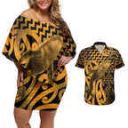 Humpback Whale Matariki New Zealand Couples Matching Off Shoulder Short Dress and Hawaiian Shirt NZ Maori Paikea Poutama Luxury Gold