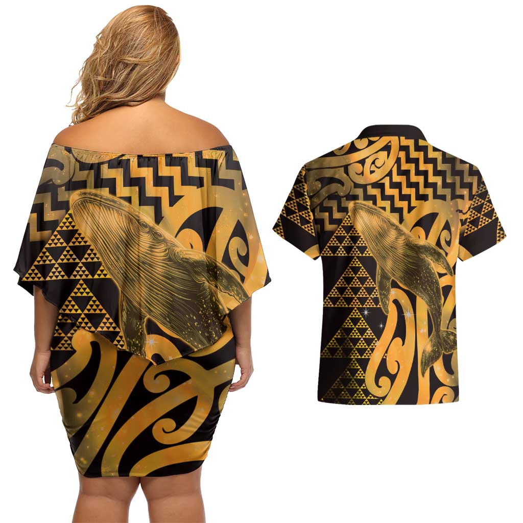 Humpback Whale Matariki New Zealand Couples Matching Off Shoulder Short Dress and Hawaiian Shirt NZ Maori Paikea Poutama Luxury Gold