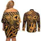 Humpback Whale Matariki New Zealand Couples Matching Off Shoulder Short Dress and Long Sleeve Button Shirt NZ Maori Paikea Poutama Luxury Gold