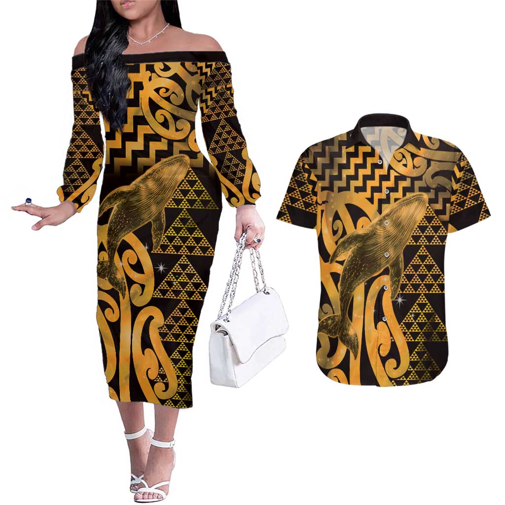 Humpback Whale Matariki New Zealand Couples Matching Off The Shoulder Long Sleeve Dress and Hawaiian Shirt NZ Maori Paikea Poutama Luxury Gold