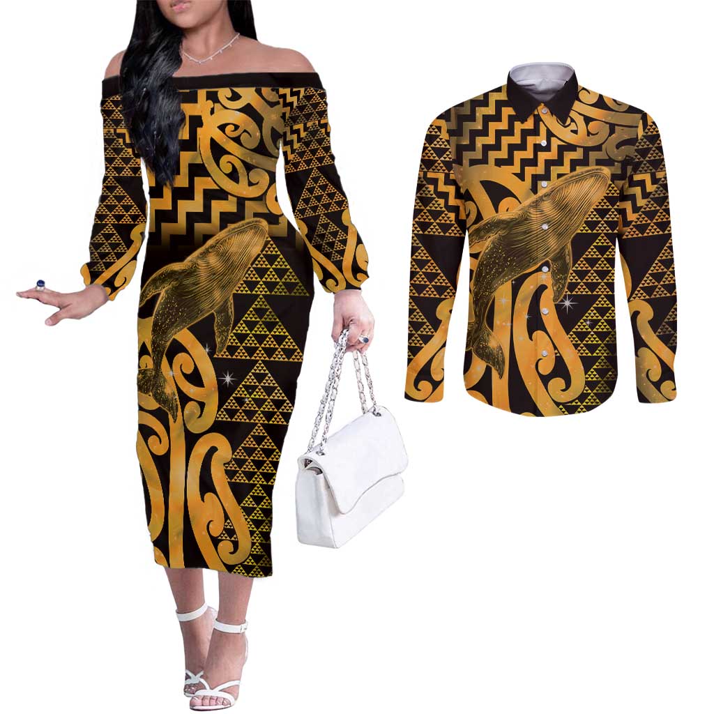 Humpback Whale Matariki New Zealand Couples Matching Off The Shoulder Long Sleeve Dress and Long Sleeve Button Shirt NZ Maori Paikea Poutama Luxury Gold