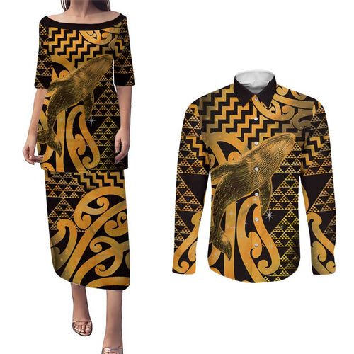 Humpback Whale Matariki New Zealand Couples Matching Puletasi and Long Sleeve Button Shirt NZ Maori Paikea Poutama Luxury Gold
