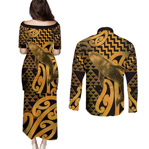 Humpback Whale Matariki New Zealand Couples Matching Puletasi and Long Sleeve Button Shirt NZ Maori Paikea Poutama Luxury Gold