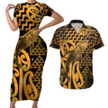 Humpback Whale Matariki New Zealand Couples Matching Short Sleeve Bodycon Dress and Hawaiian Shirt NZ Maori Paikea Poutama Luxury Gold