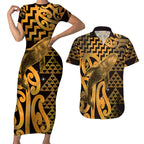 Humpback Whale Matariki New Zealand Couples Matching Short Sleeve Bodycon Dress and Hawaiian Shirt NZ Maori Paikea Poutama Luxury Gold
