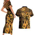 Humpback Whale Matariki New Zealand Couples Matching Short Sleeve Bodycon Dress and Hawaiian Shirt NZ Maori Paikea Poutama Luxury Gold