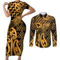 Humpback Whale Matariki New Zealand Couples Matching Short Sleeve Bodycon Dress and Long Sleeve Button Shirt NZ Maori Paikea Poutama Luxury Gold