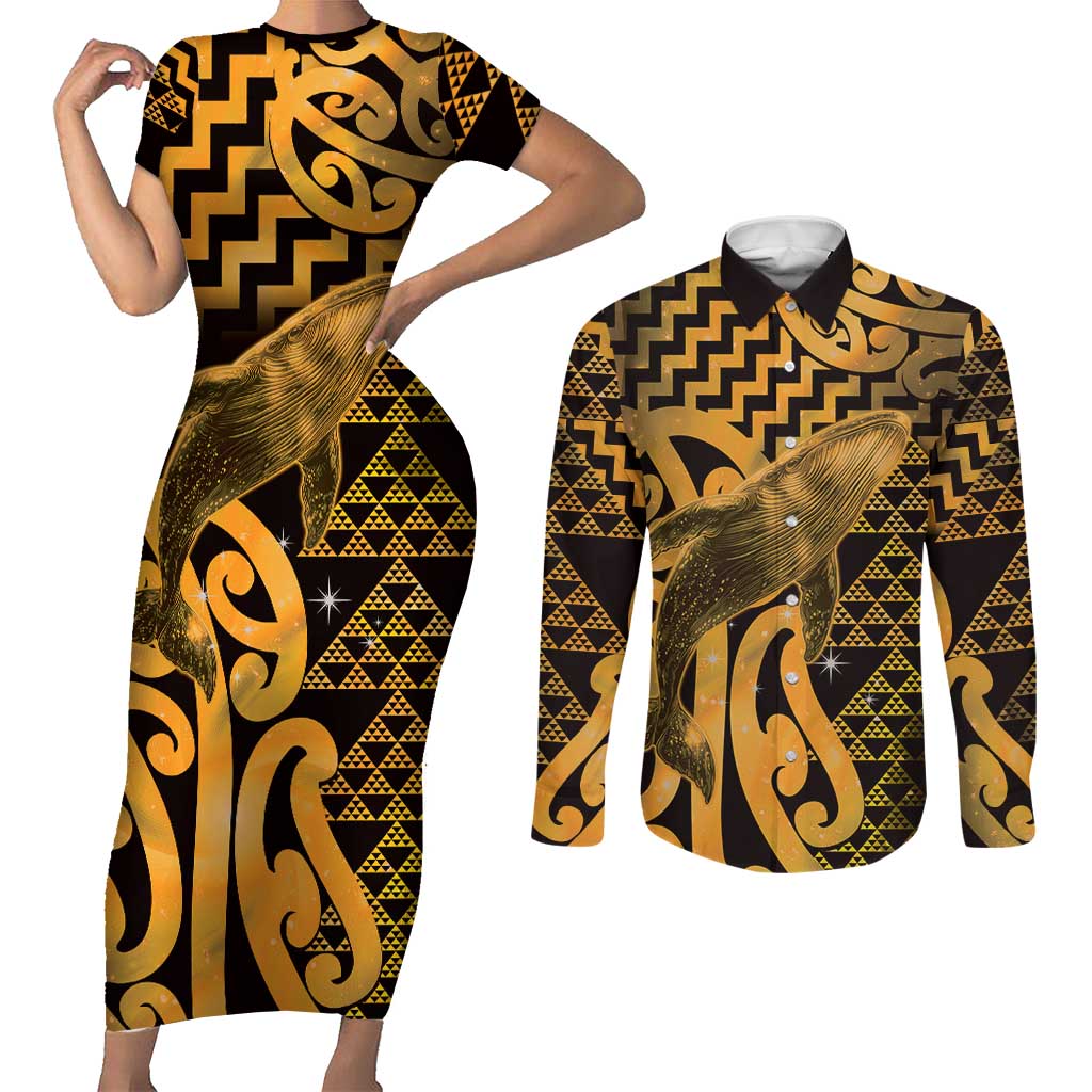 Humpback Whale Matariki New Zealand Couples Matching Short Sleeve Bodycon Dress and Long Sleeve Button Shirt NZ Maori Paikea Poutama Luxury Gold