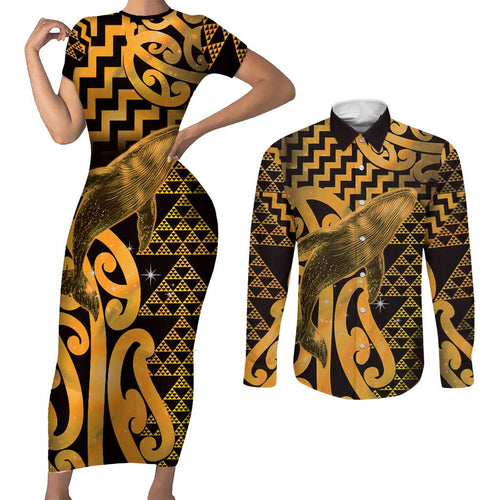 Humpback Whale Matariki New Zealand Couples Matching Short Sleeve Bodycon Dress and Long Sleeve Button Shirt NZ Maori Paikea Poutama Luxury Gold