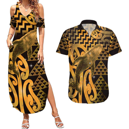 Humpback Whale Matariki New Zealand Couples Matching Summer Maxi Dress and Hawaiian Shirt NZ Maori Paikea Poutama Luxury Gold