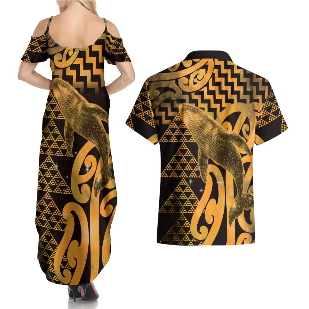 Humpback Whale Matariki New Zealand Couples Matching Summer Maxi Dress and Hawaiian Shirt NZ Maori Paikea Poutama Luxury Gold