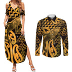 Humpback Whale Matariki New Zealand Couples Matching Summer Maxi Dress and Long Sleeve Button Shirt NZ Maori Paikea Poutama Luxury Gold