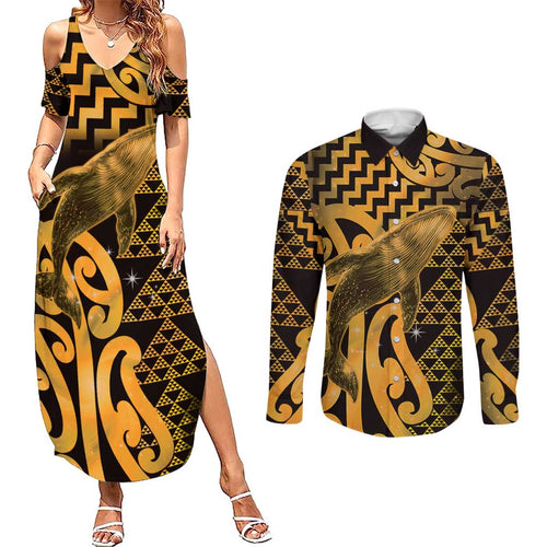 Humpback Whale Matariki New Zealand Couples Matching Summer Maxi Dress and Long Sleeve Button Shirt NZ Maori Paikea Poutama Luxury Gold